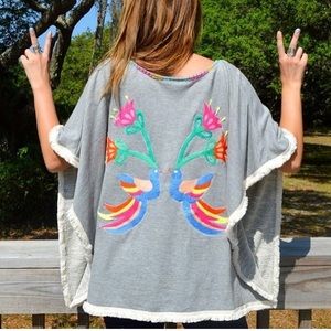Judith March Bird Embroidered Poncho S EUC